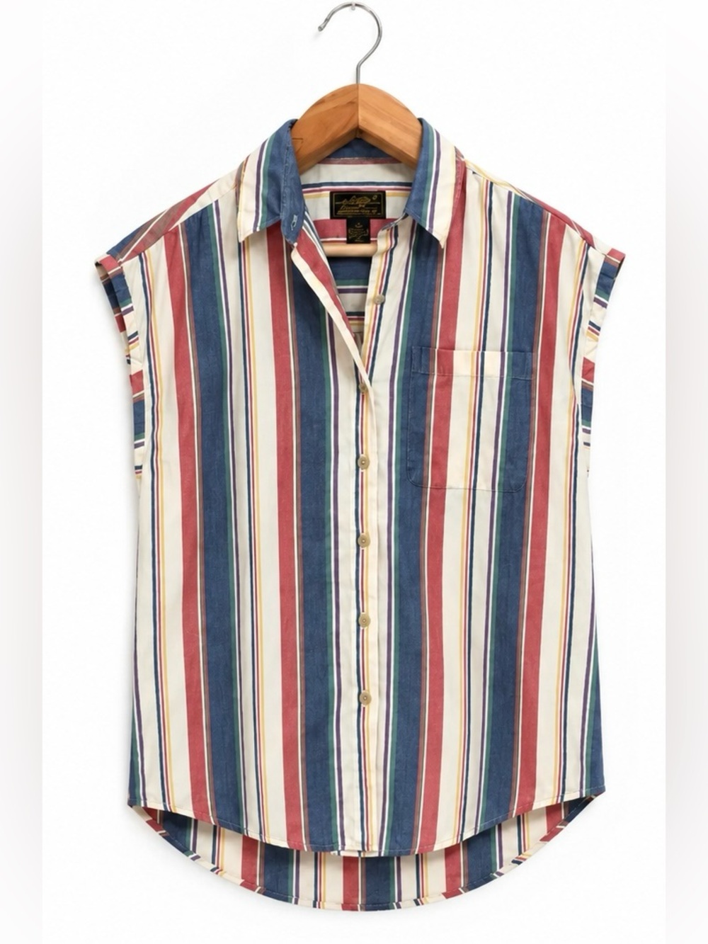 Vintage 90s Pastel Stripe Cap Sleeve Button Up Cotton Coastal Preppy Size Medium